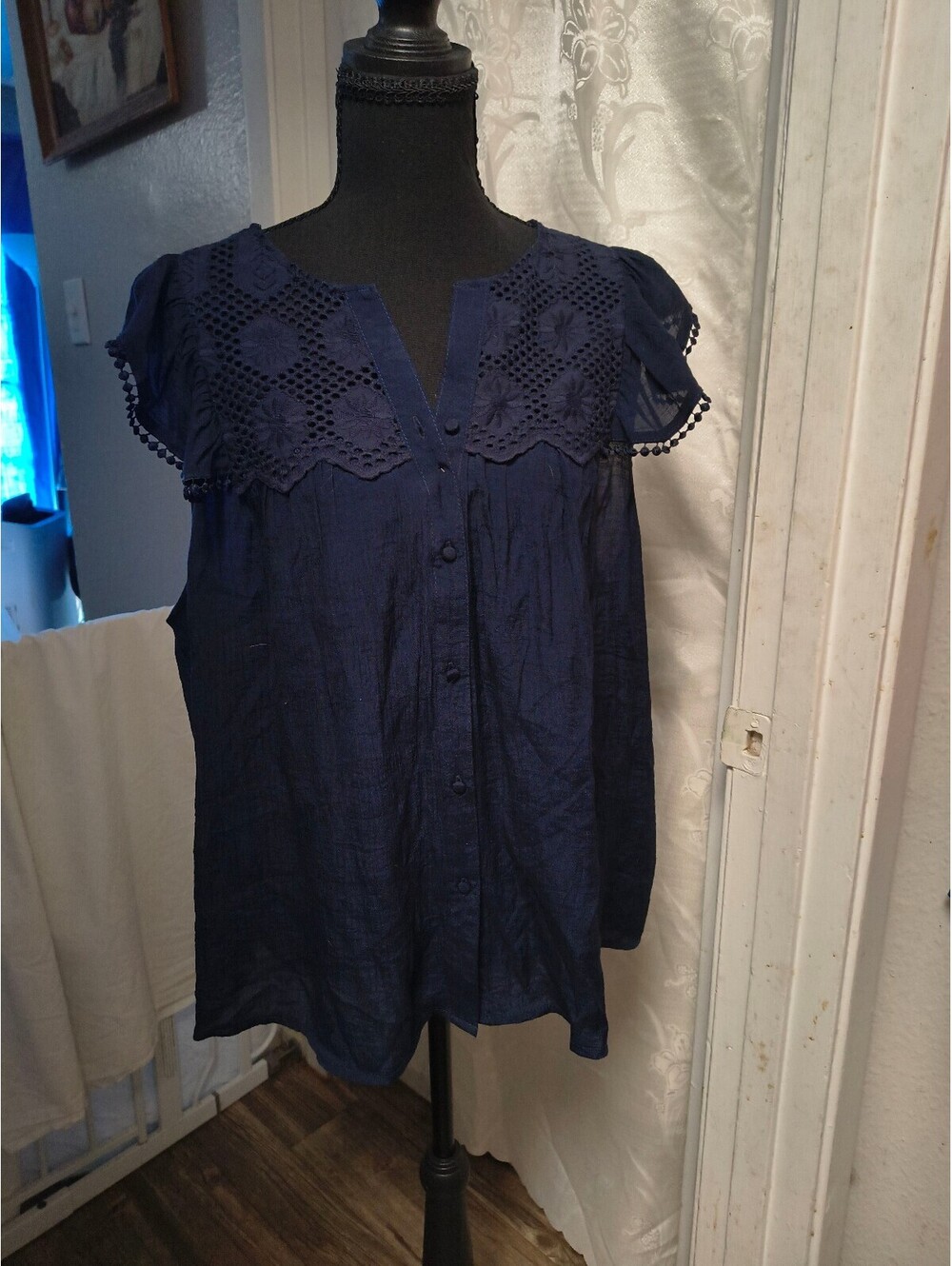 Nanette -Nanette Lepore Navy Blue Eyelet Lace Button-Up Blouse